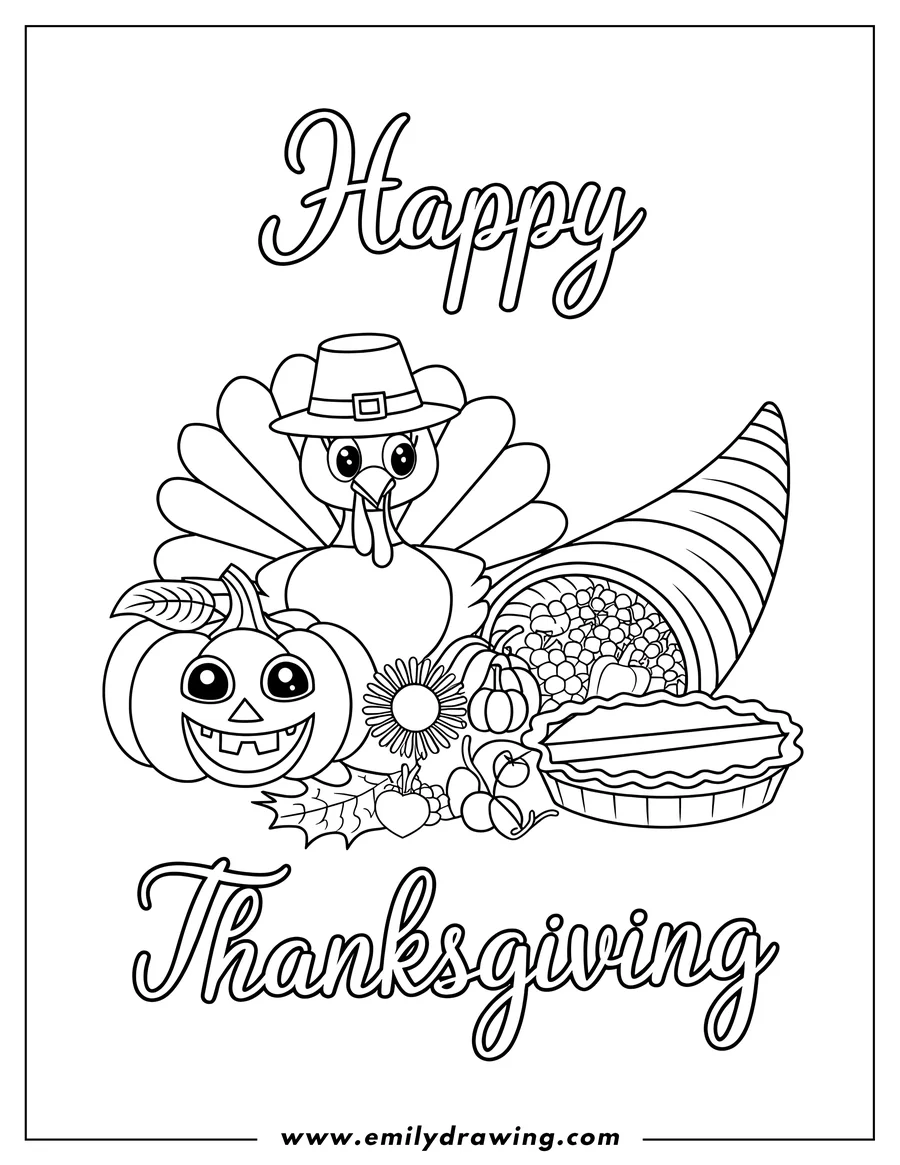 Line art of a Thanksgiving turkey wearing a pilgrim hat, next to a cornucopia, pumpkin, pie, and other festive treats.