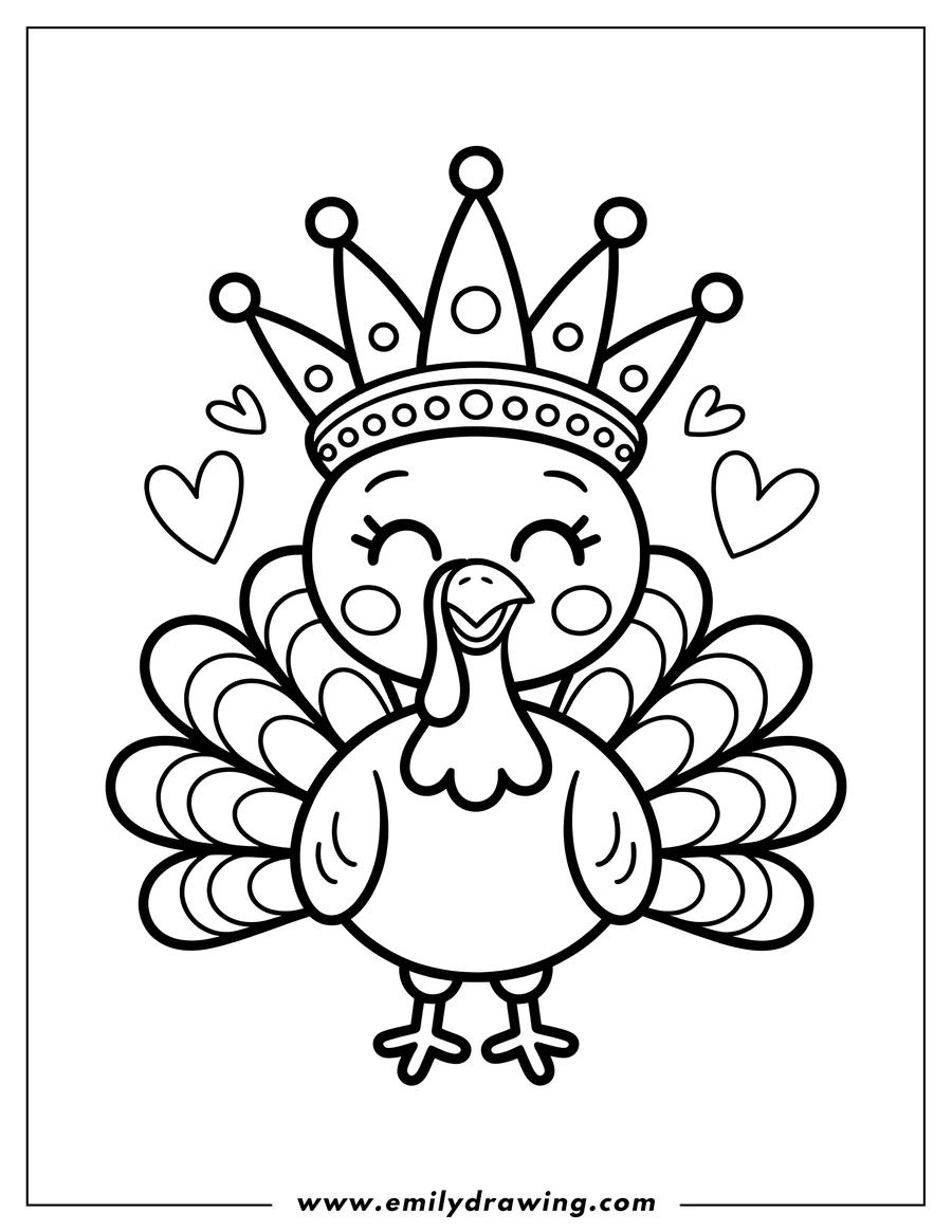 Outline of a turkey wearing a crown, with hearts floating around it.