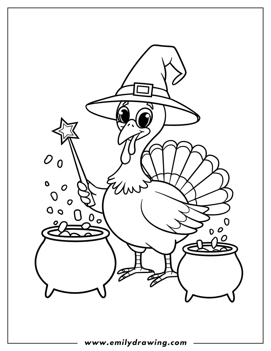 Outline of a turkey wearing a witch hat and holding a star wand, standing between two cauldrons with bubbling potions.