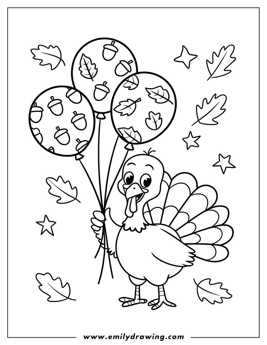 Outline of a turkey holding three balloons decorated with acorns and autumn leaves.