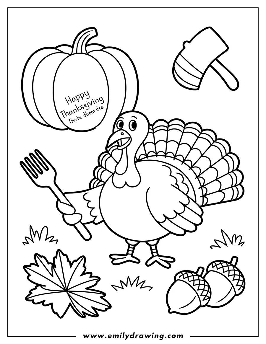 Line art of a turkey holding a fork, with acorns, a pumpkin, and a leaf nearby.