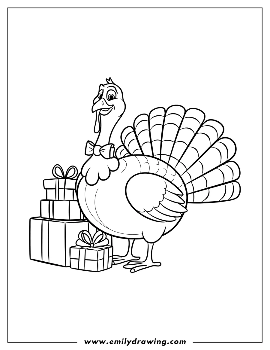 Line art of a turkey standing next to a stack of presents. The turkey is wearing a bow tie.