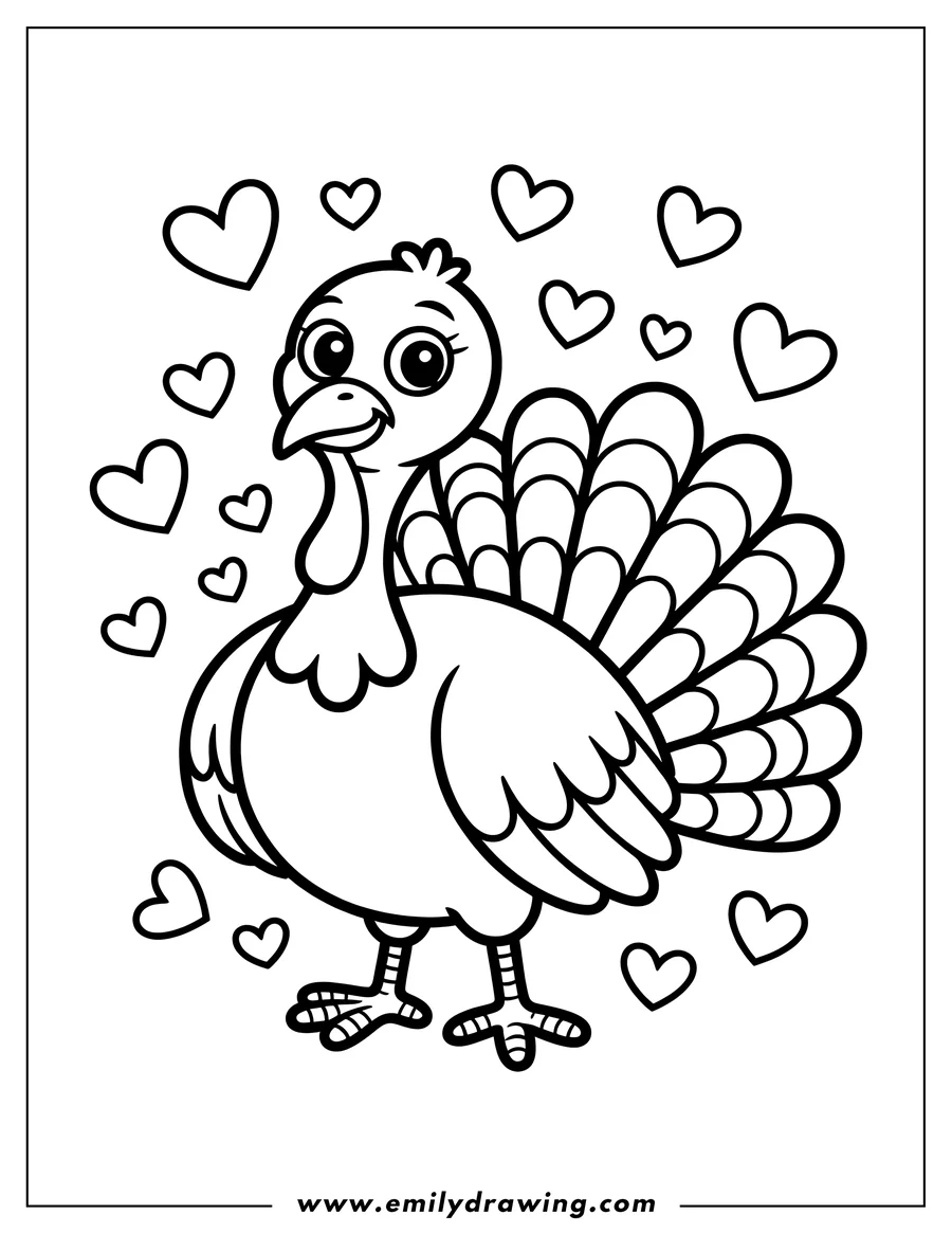 Outline of a turkey surrounded by hearts. It has large, friendly eyes and detailed feather patterns.