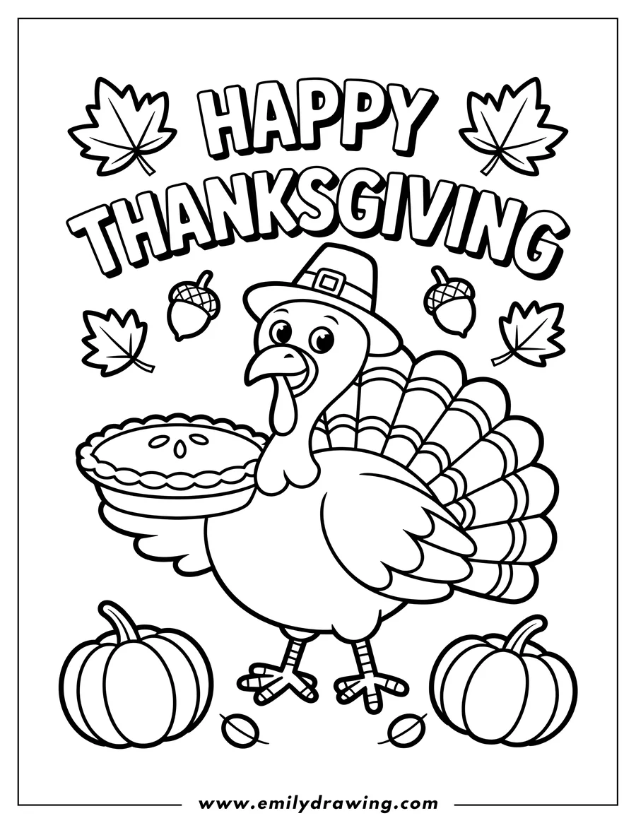Line art of a Thanksgiving turkey holding a pie. It's wearing a pilgrim's hat. Pumpkins, acorns, and autumn leaves surround the turkey.