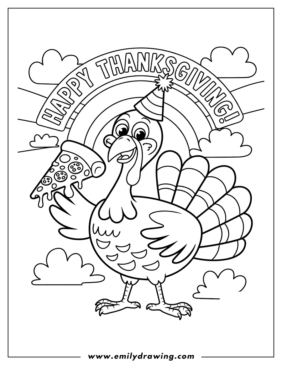 Outline of a cheerful turkey holding a slice of pepperoni pizza beneath a 'Happy Thanksgiving' rainbow.