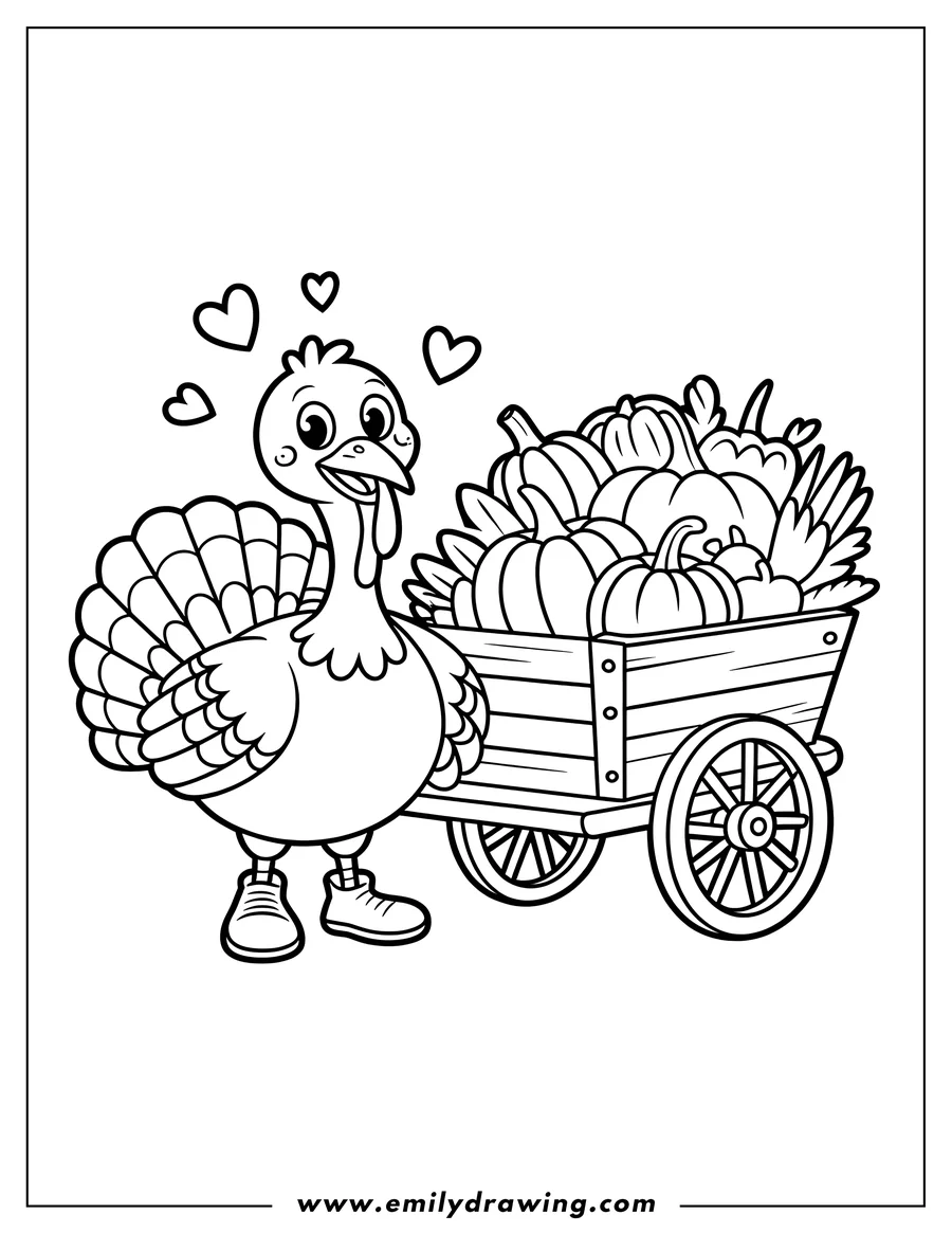 Outline of a cheerful turkey pulling a wagon full of various pumpkins. Three hearts float above the turkey's head.