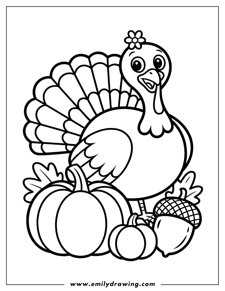 Outline of a turkey with a flower on its head, standing near pumpkins and an acorn.