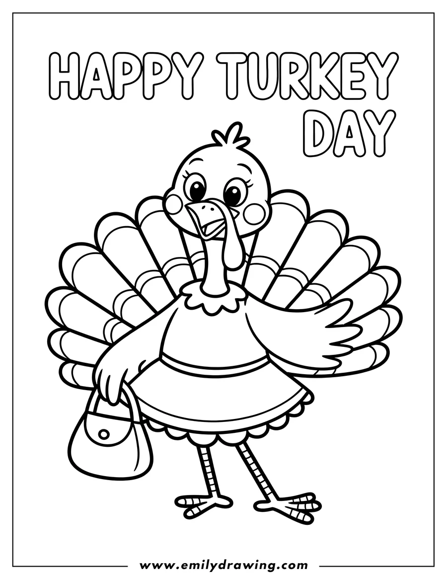 Line art of a turkey holding a purse, ready for Thanksgiving celebrations.