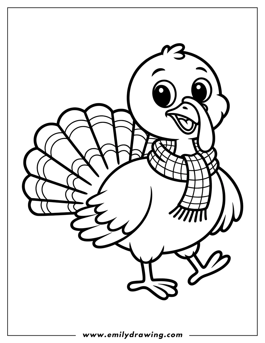 Line art of a turkey wearing a checkered scarf. Its tail feathers are fanned out slightly.