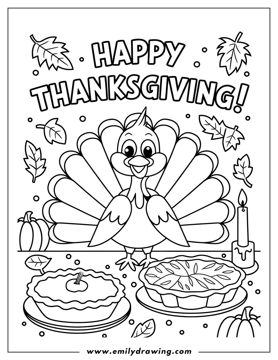 Line art of a turkey standing behind two pies, one apple and one pumpkin, with fall leaves, pumpkins, and a candle, with 'Happy Thanksgiving' written above.