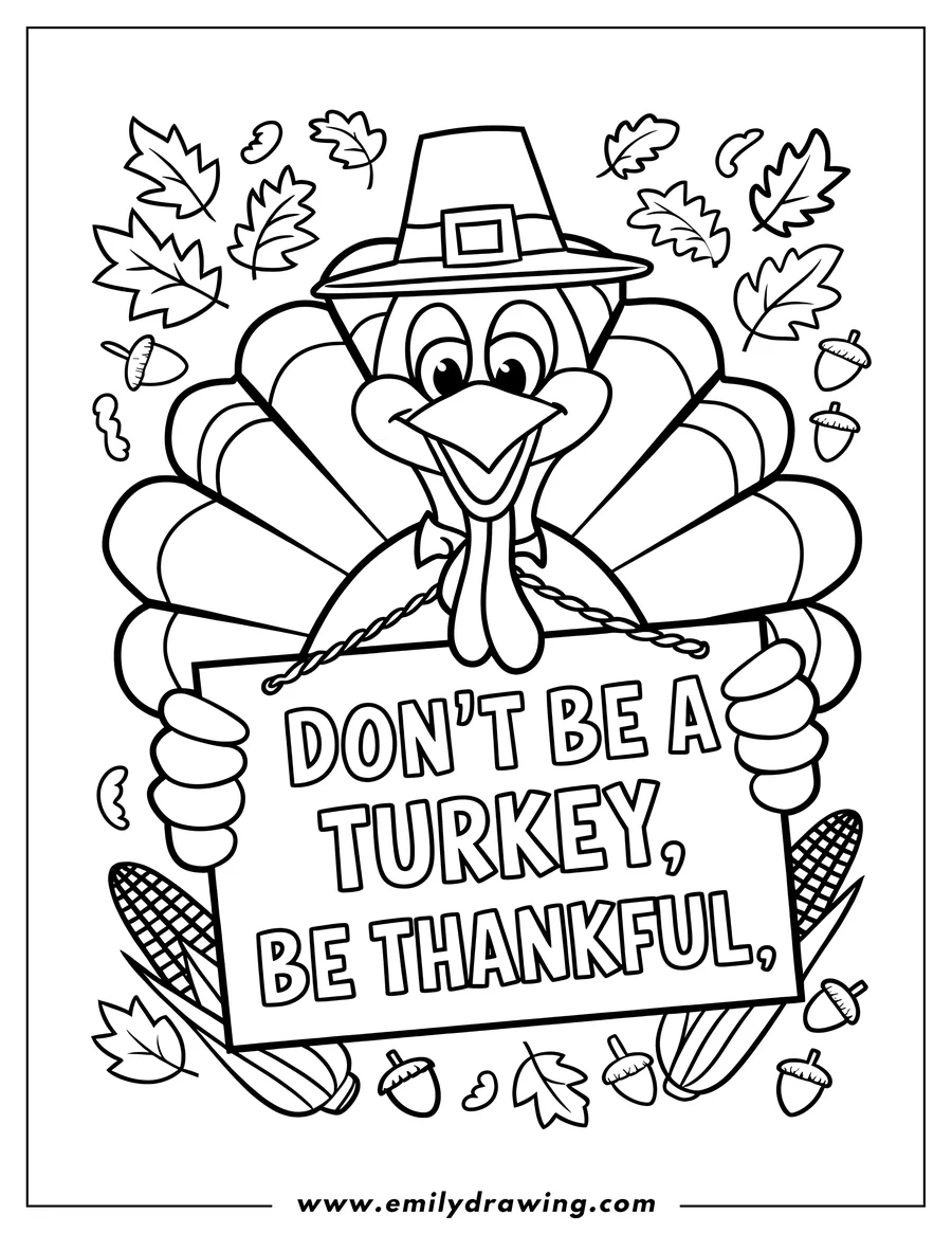 Line art of a turkey wearing a pilgrim hat and holding a sign that says 'Don't be a turkey, be thankful', surrounded by acorns, corn, and fall leaves.