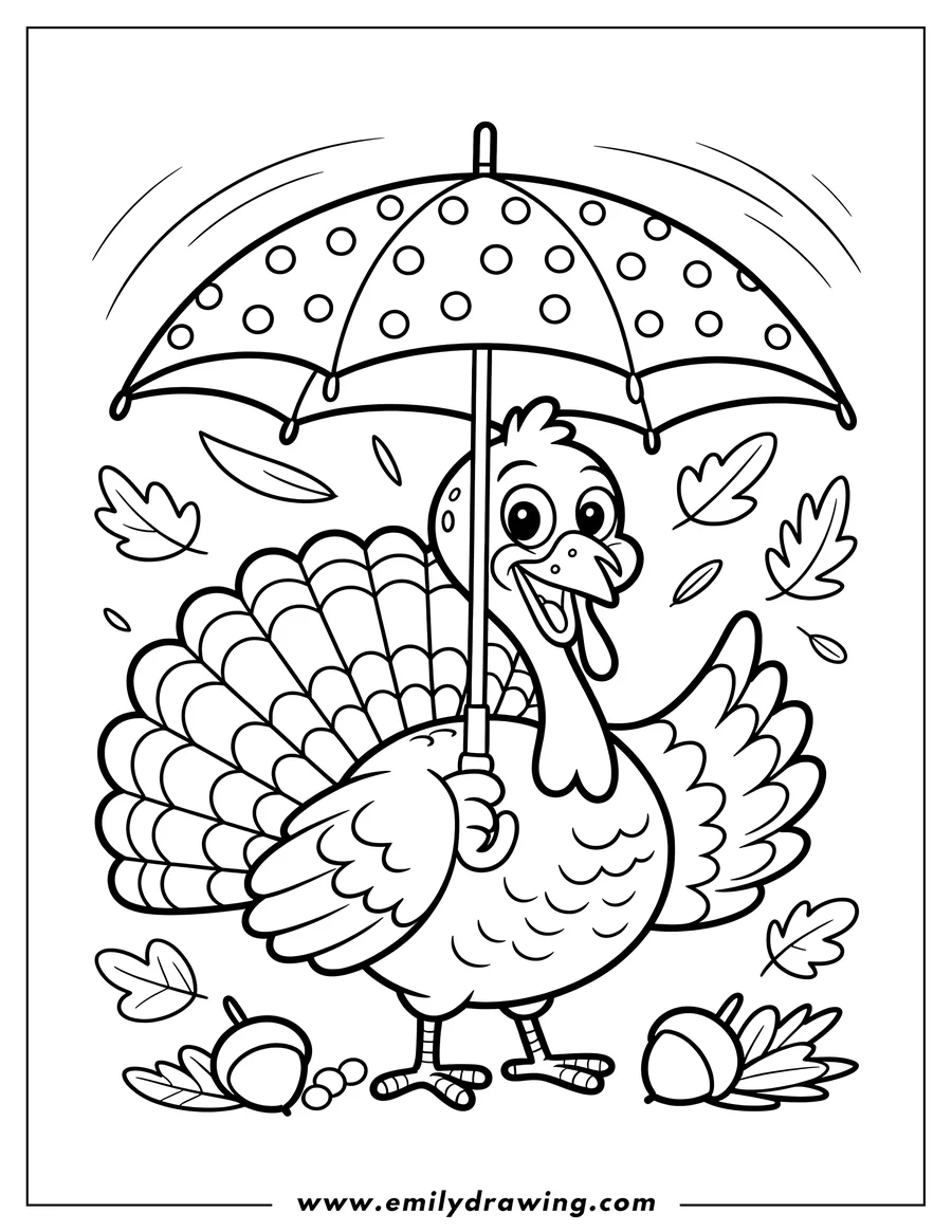 Line art of a turkey holding a polka-dotted umbrella, with acorns and falling leaves swirling around.