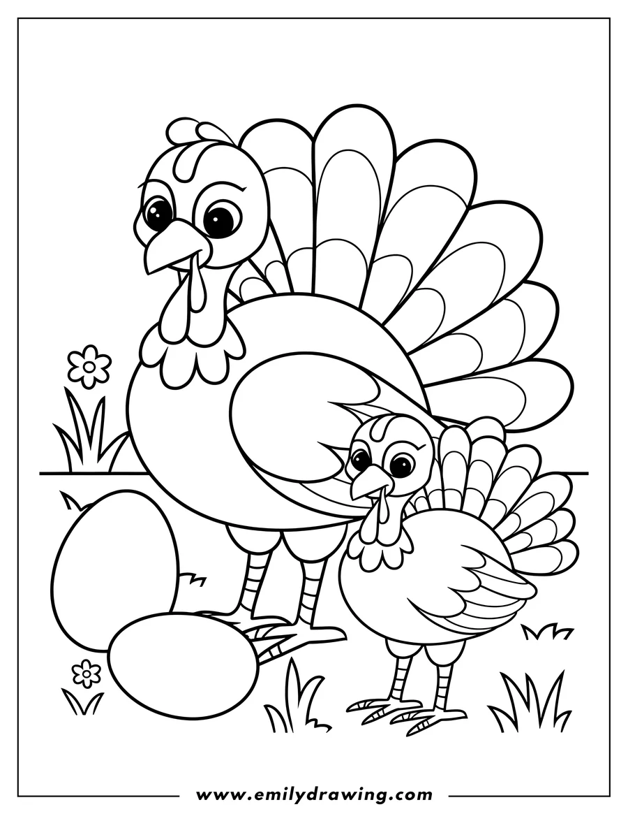 Outline of two turkeys, one large and one small, standing next to two large eggs in the grass.