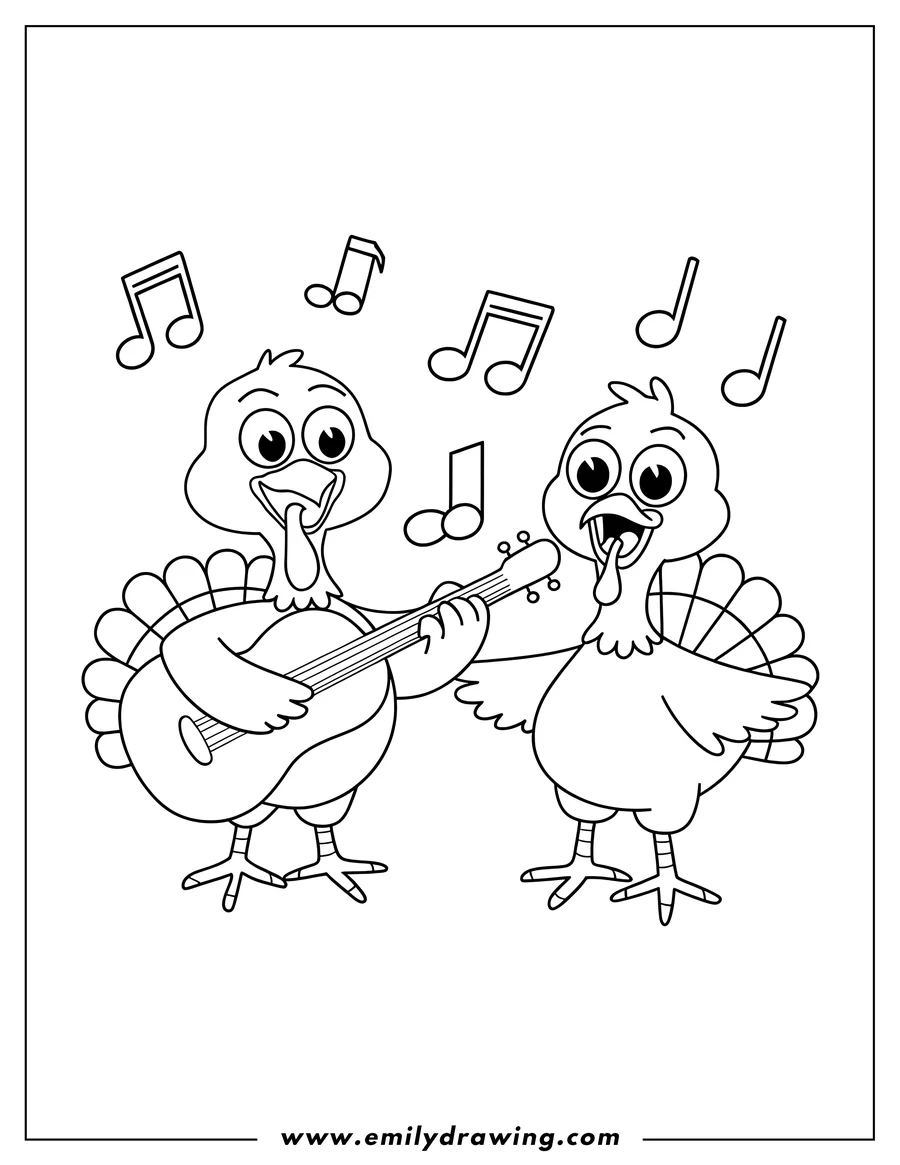 Outline of two turkeys making music. One turkey plays a guitar, and the other sings along with musical notes floating around them.
