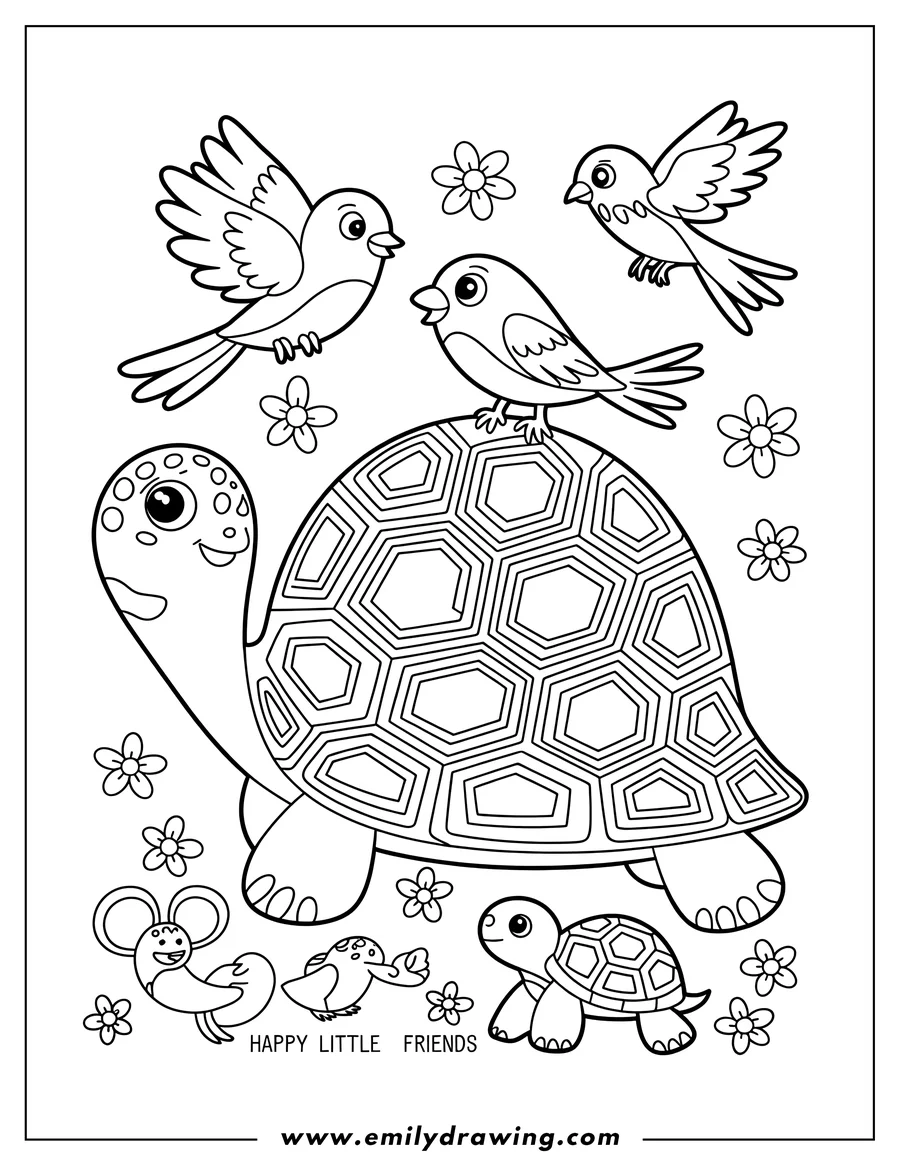 Line art of a large turtle with two small birds perched on its shell, surrounded by small flowers. A smaller turtle and a baby bird are also present near the bottom.