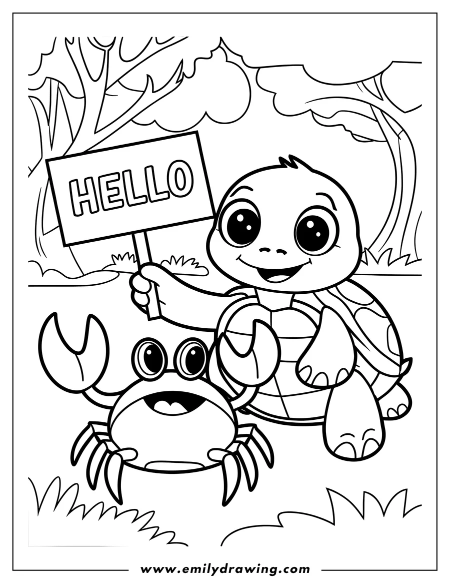 Outline of a friendly turtle holding a sign that says HELLO, with a cheerful crab beside it in a grassy area.