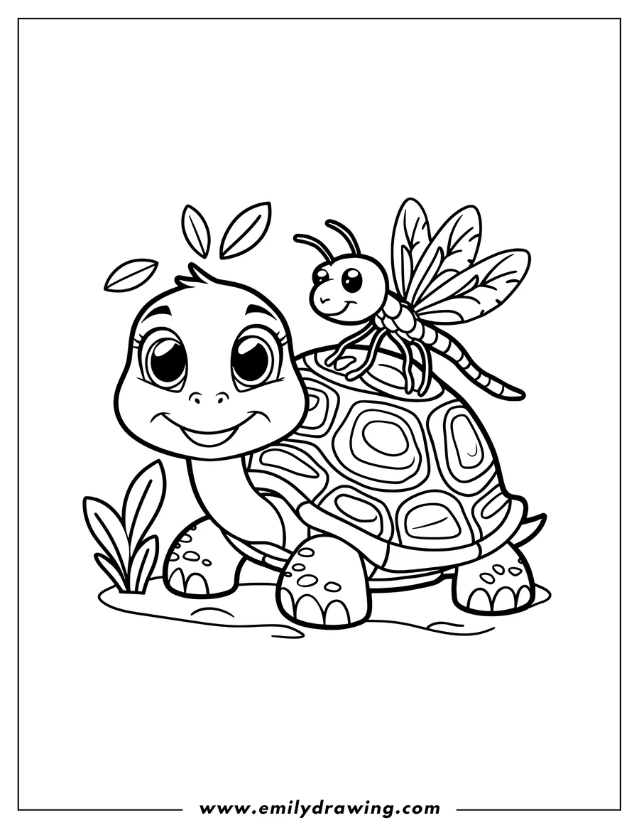 Outline of a turtle with a dragonfly perched on its shell.  Some simple ground and plant details are included.