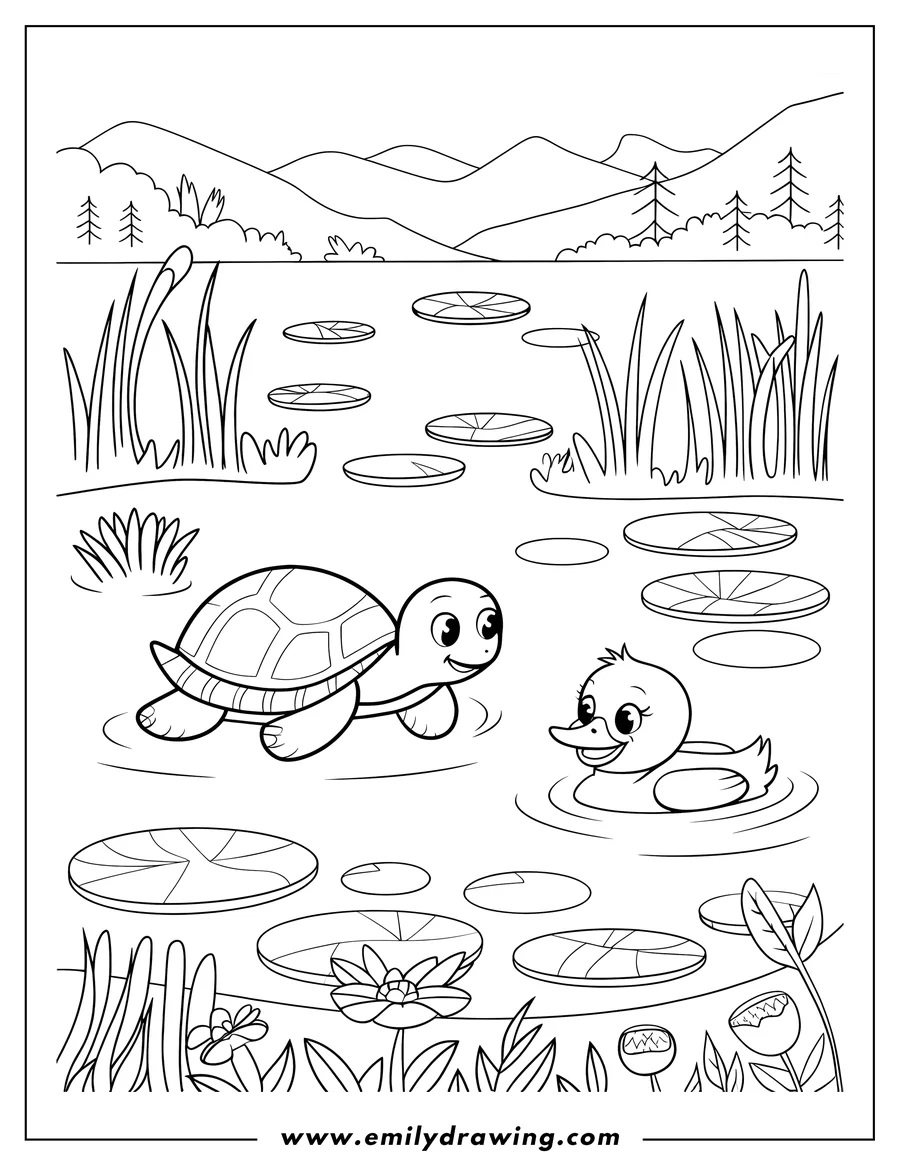 Outline of a turtle and a duckling swimming in a pond with lily pads, reeds, and hills in the background.