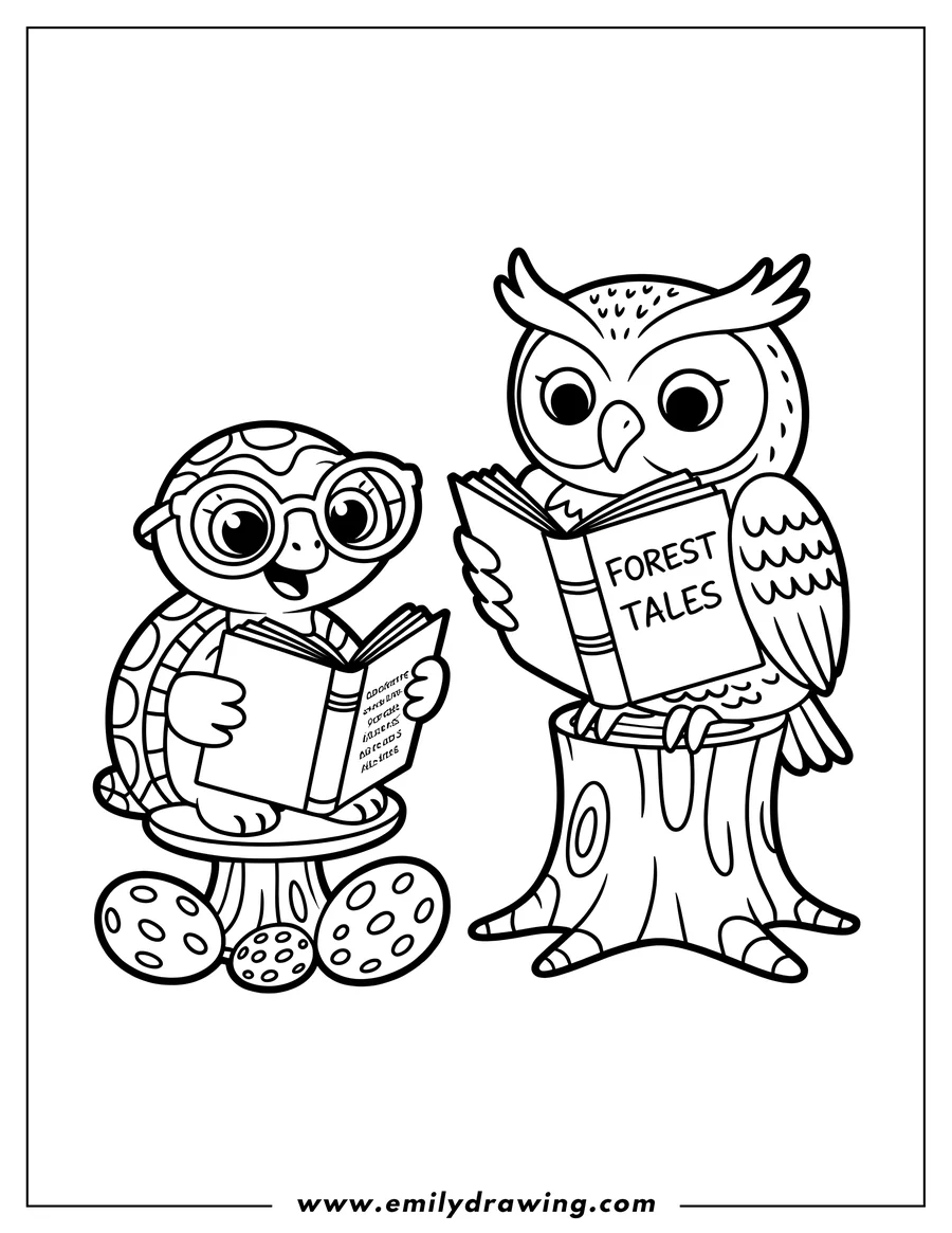 Line art of a turtle wearing glasses and an owl reading books. The turtle sits on a mushroom stool, and the owl is perched on a tree stump.