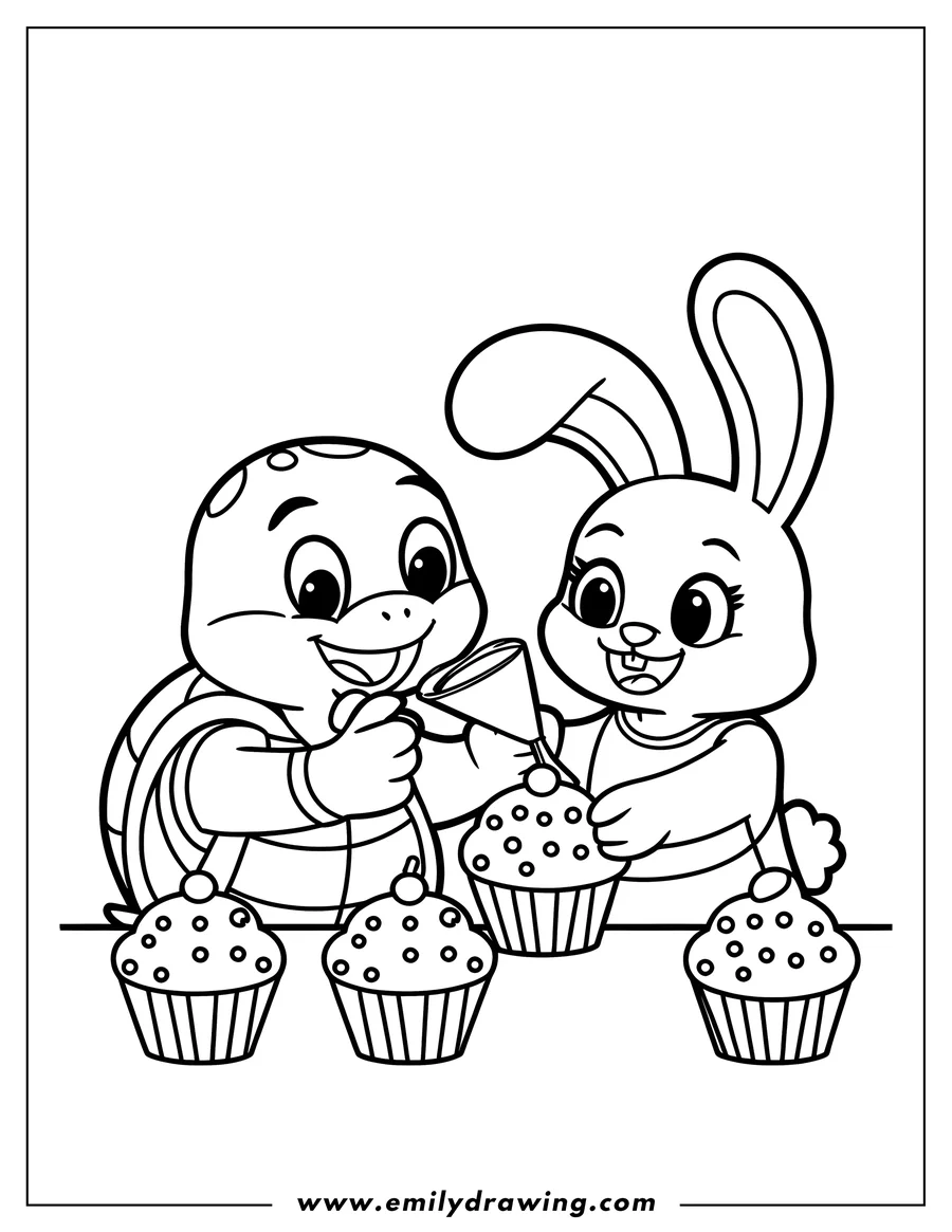 Line art of a turtle and a rabbit baking cupcakes together. The turtle holds a piping bag, frosting a cupcake, while the rabbit holds another cupcake. Several more cupcakes sit on the table between them.