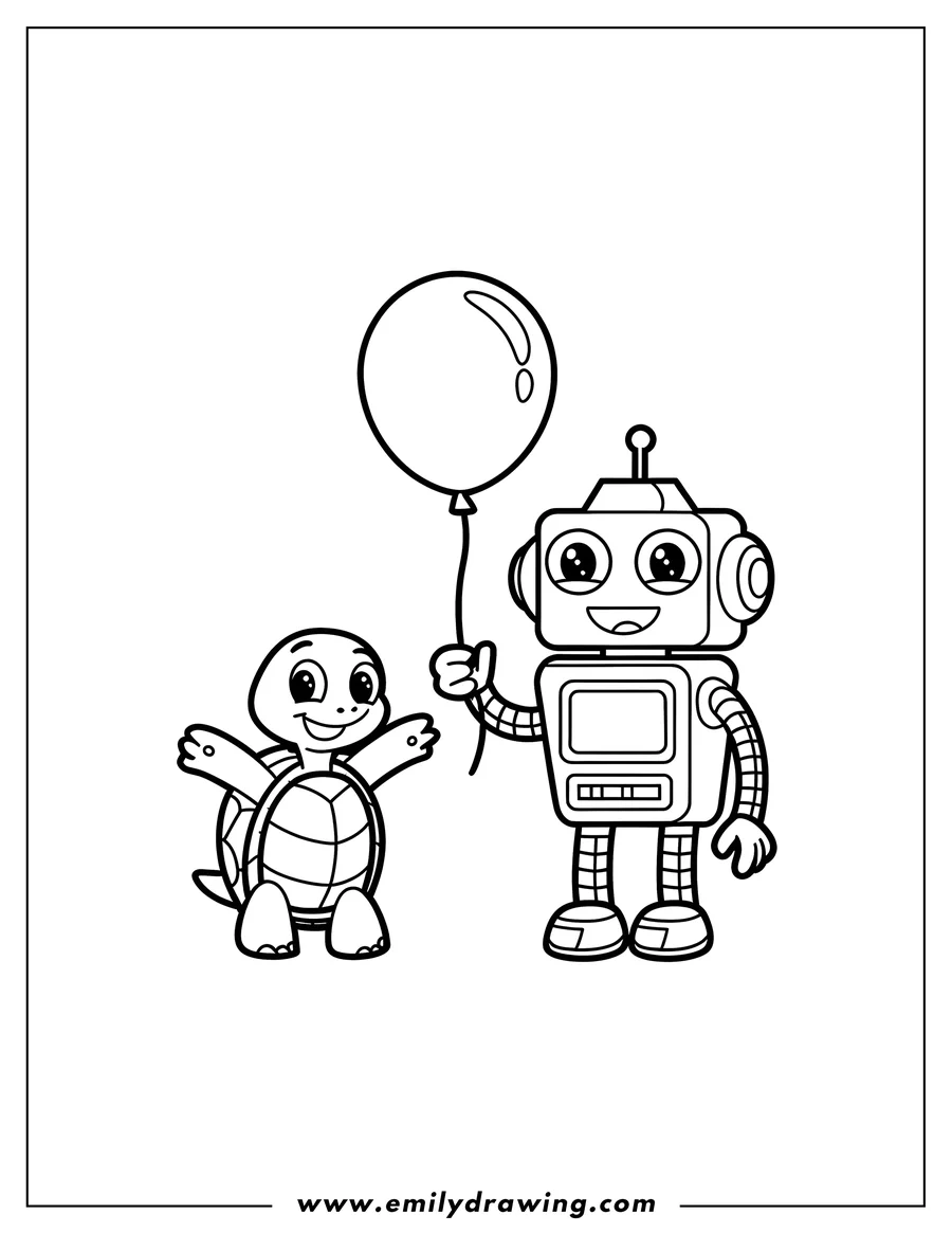 Line art of a turtle and a robot. The robot is holding a balloon. Both look happy.