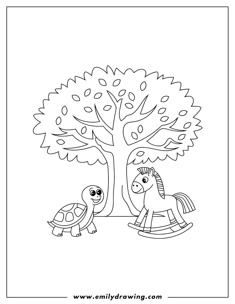 Outline of a turtle and a rocking horse under a leafy tree. The turtle and rocking horse appear friendly.