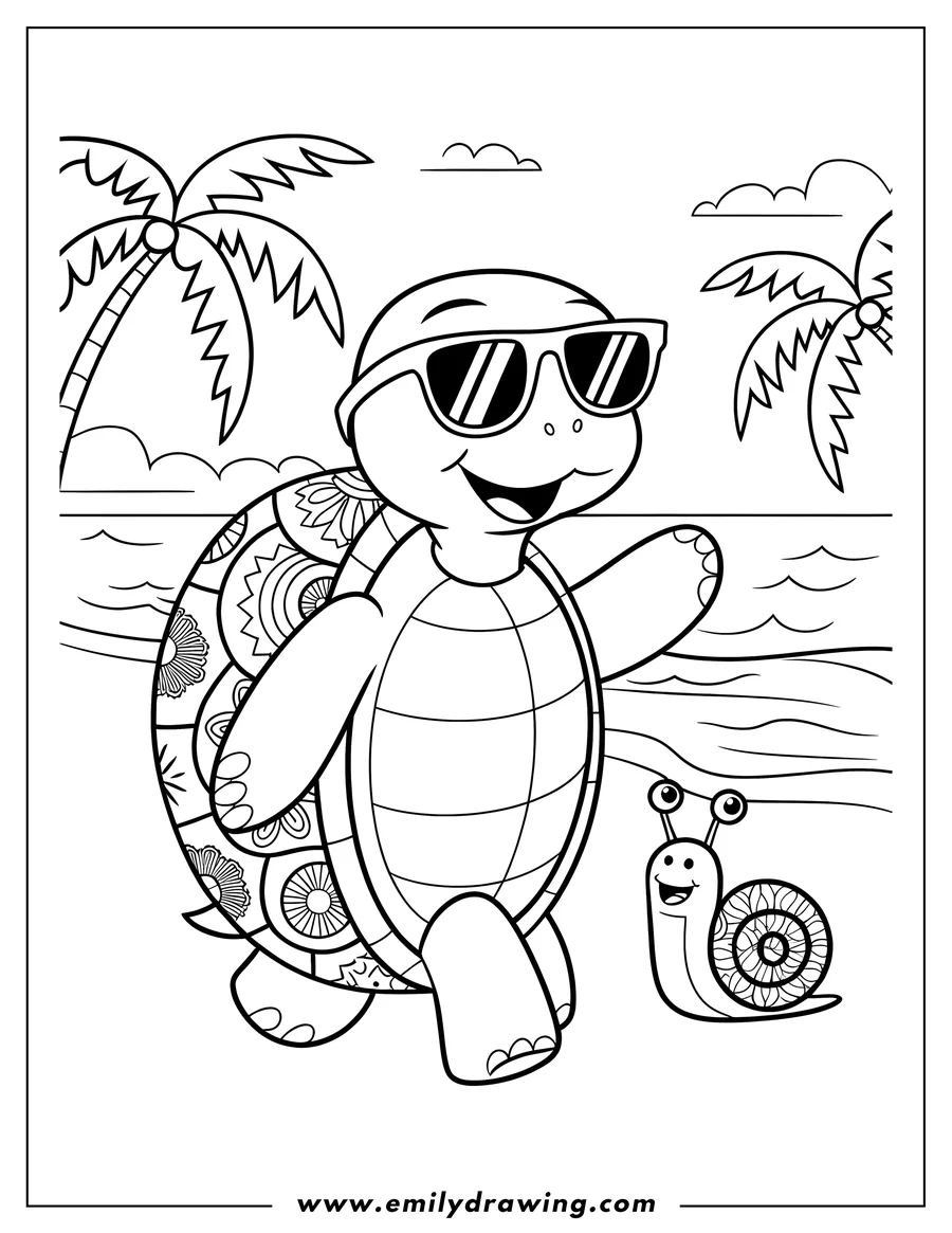 Outline of a turtle wearing sunglasses and a snail on a beach with palm trees and ocean waves.