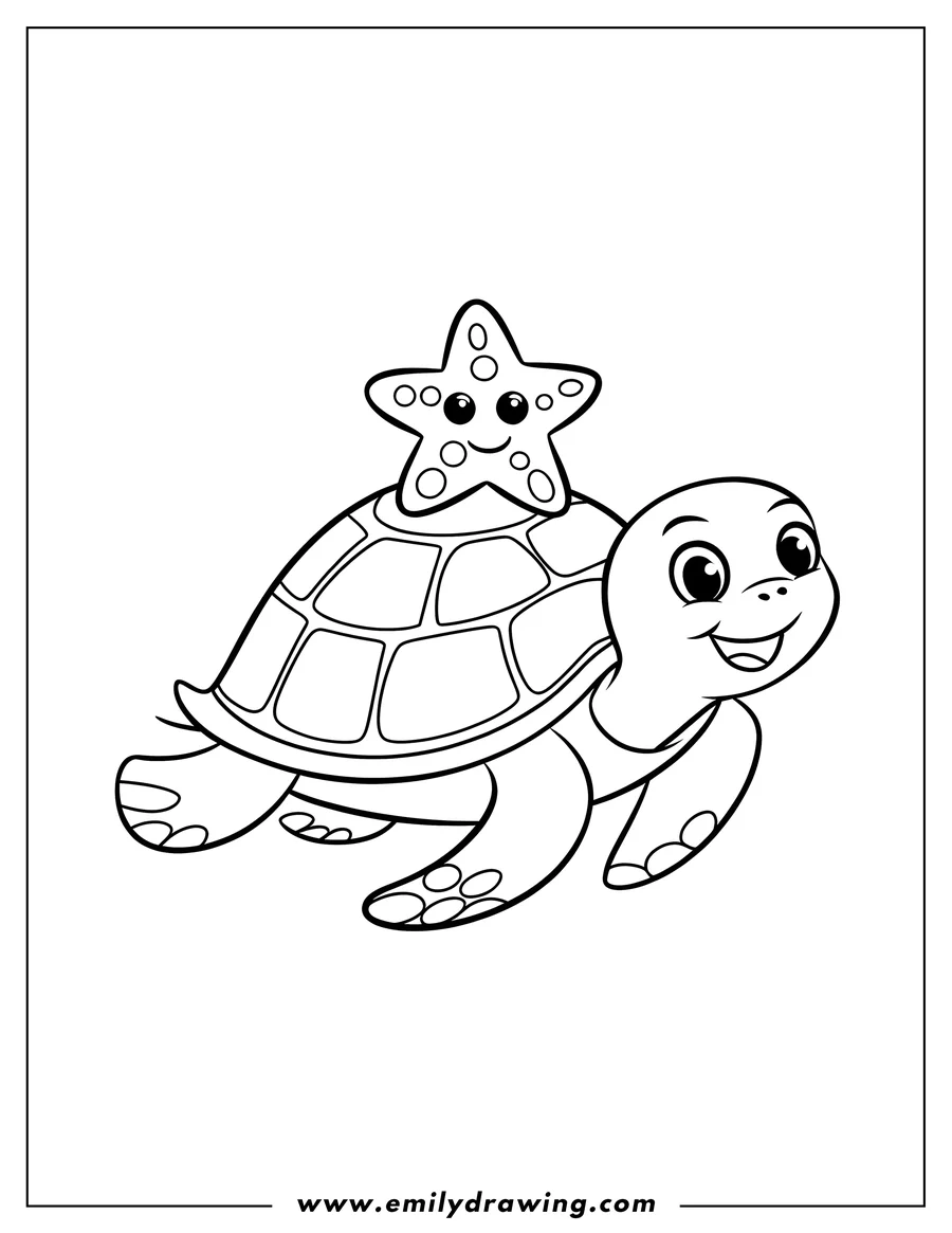 Outline of a cheerful turtle swimming with a friendly starfish perched on its shell.