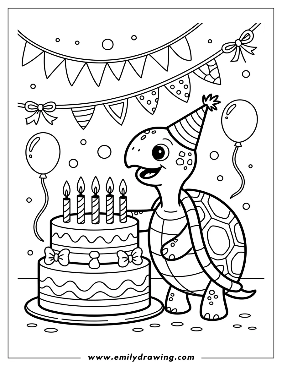 Outline of a turtle wearing a party hat beside a birthday cake with candles, balloons, and party decorations in the background.