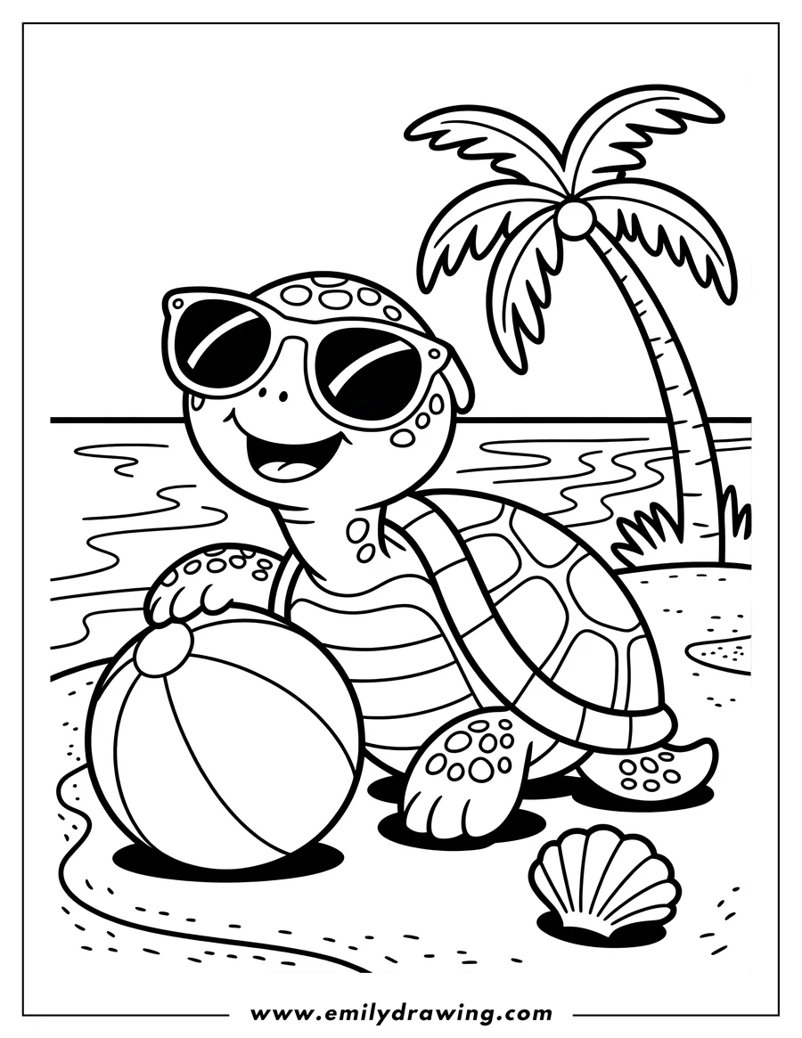 Line art of a turtle wearing sunglasses and holding a beach ball on the sand, with a palm tree and seashell nearby.