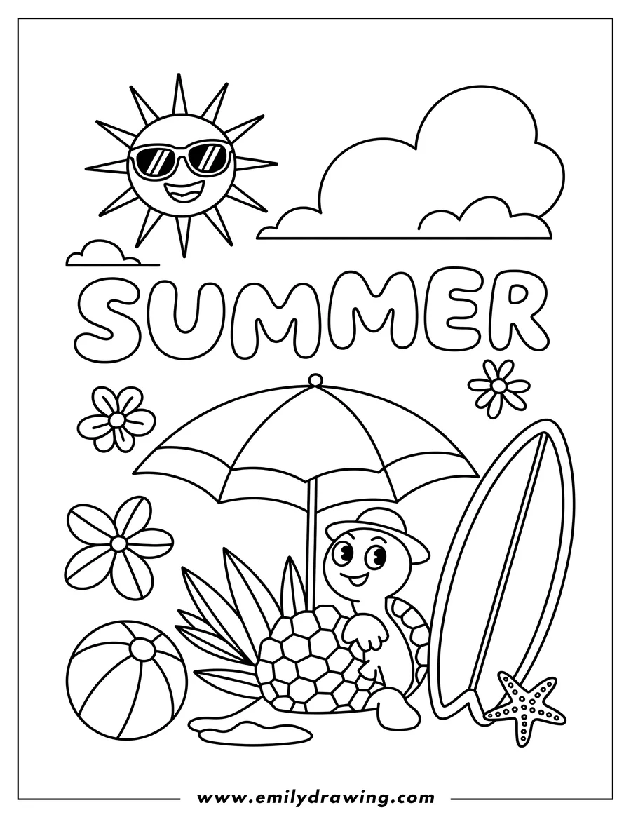 Line art of a turtle sitting under a beach umbrella with a pineapple, surfboard, beach ball, starfish, flowers, sun, and cloud.