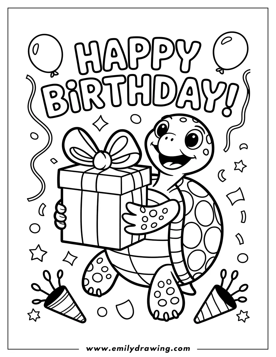 Line art of a cheerful turtle holding a birthday present, surrounded by balloons and party favors.