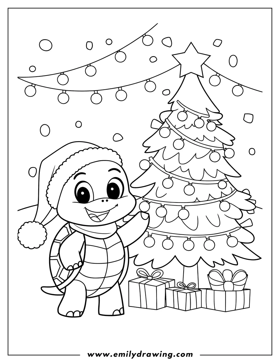 Outline of a turtle wearing a Santa hat and scarf standing next to a decorated Christmas tree with presents underneath.