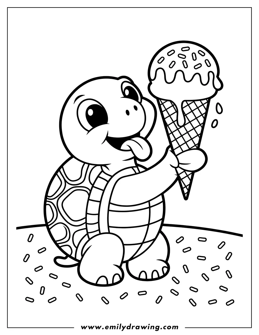 Line art of a turtle holding and eating a melting ice cream cone covered in sprinkles.