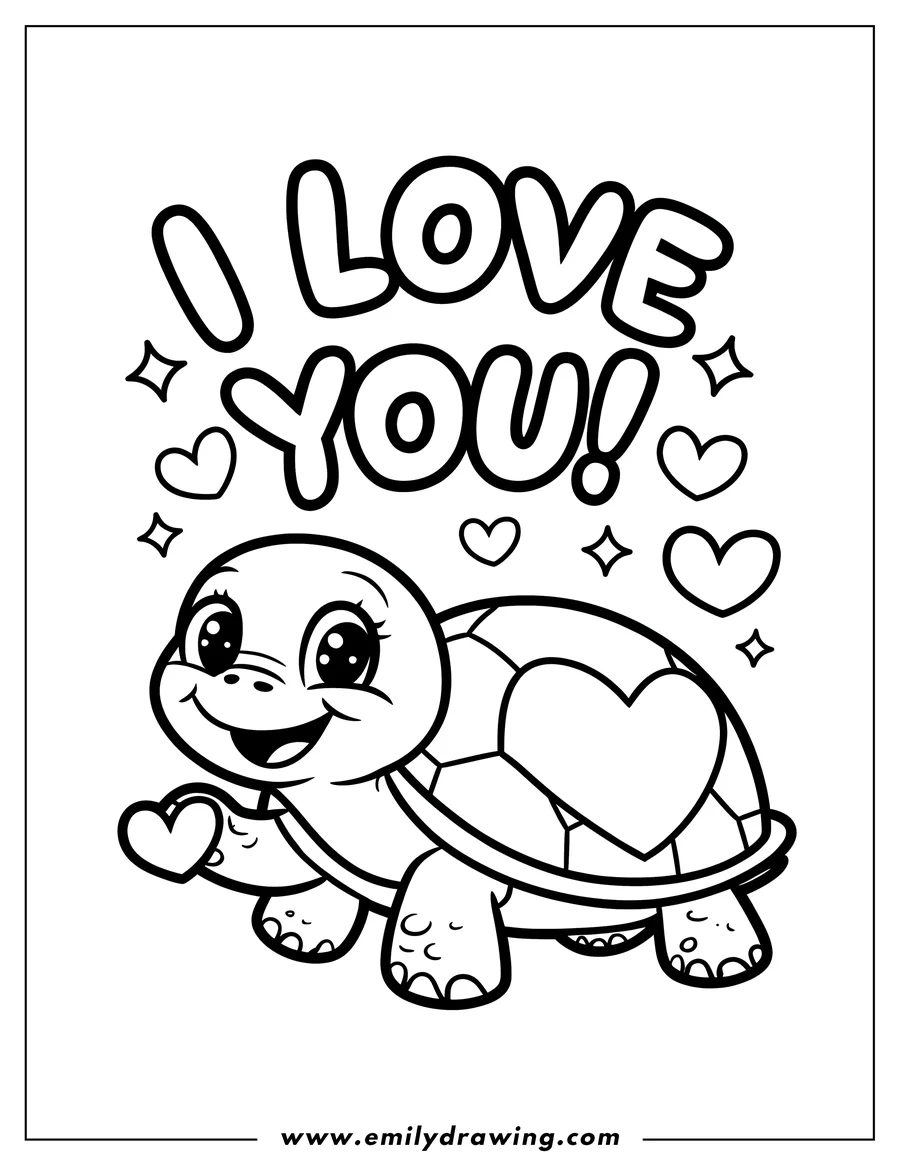 Line art of a turtle holding a heart, with the words