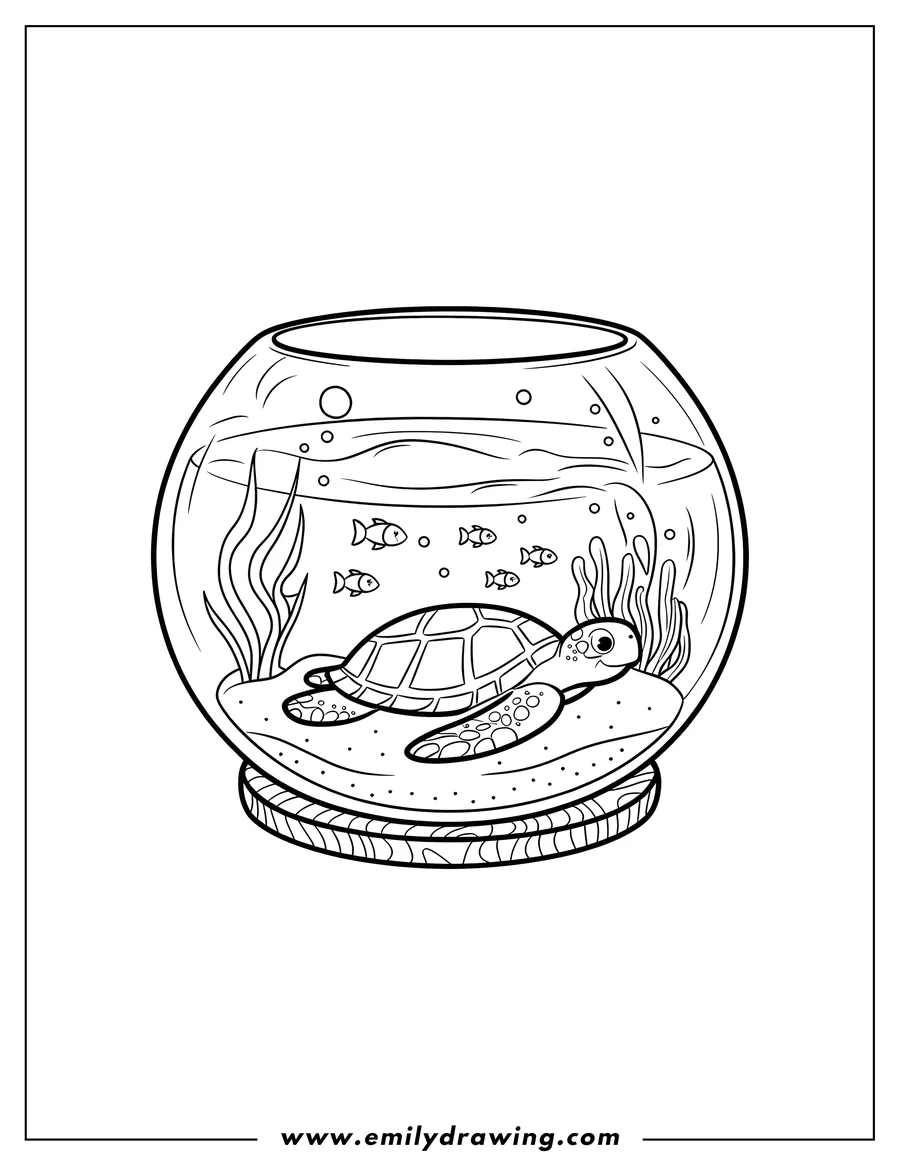 Outline of a turtle at the bottom of a round fishbowl. Several small fish swim above the turtle. Aquatic plants are visible inside the fishbowl.