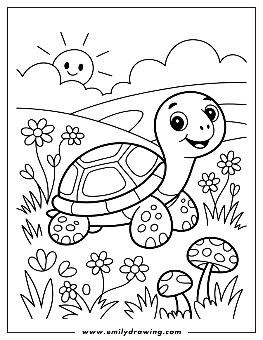 Outline of a cheerful turtle walking in a meadow with flowers, mushrooms, and a smiling sun in the background.