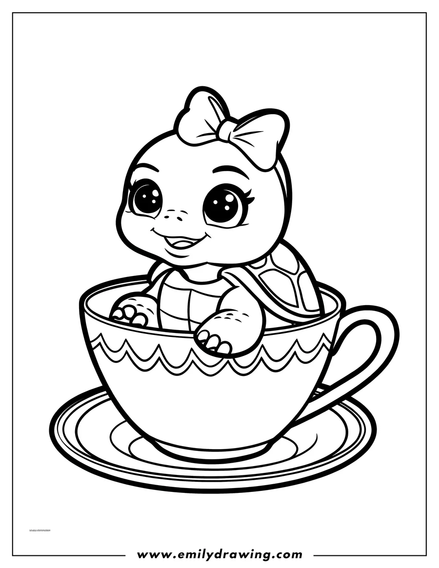 Outline of a cute turtle sitting in a teacup. The turtle has a bow on its head and big, round eyes.