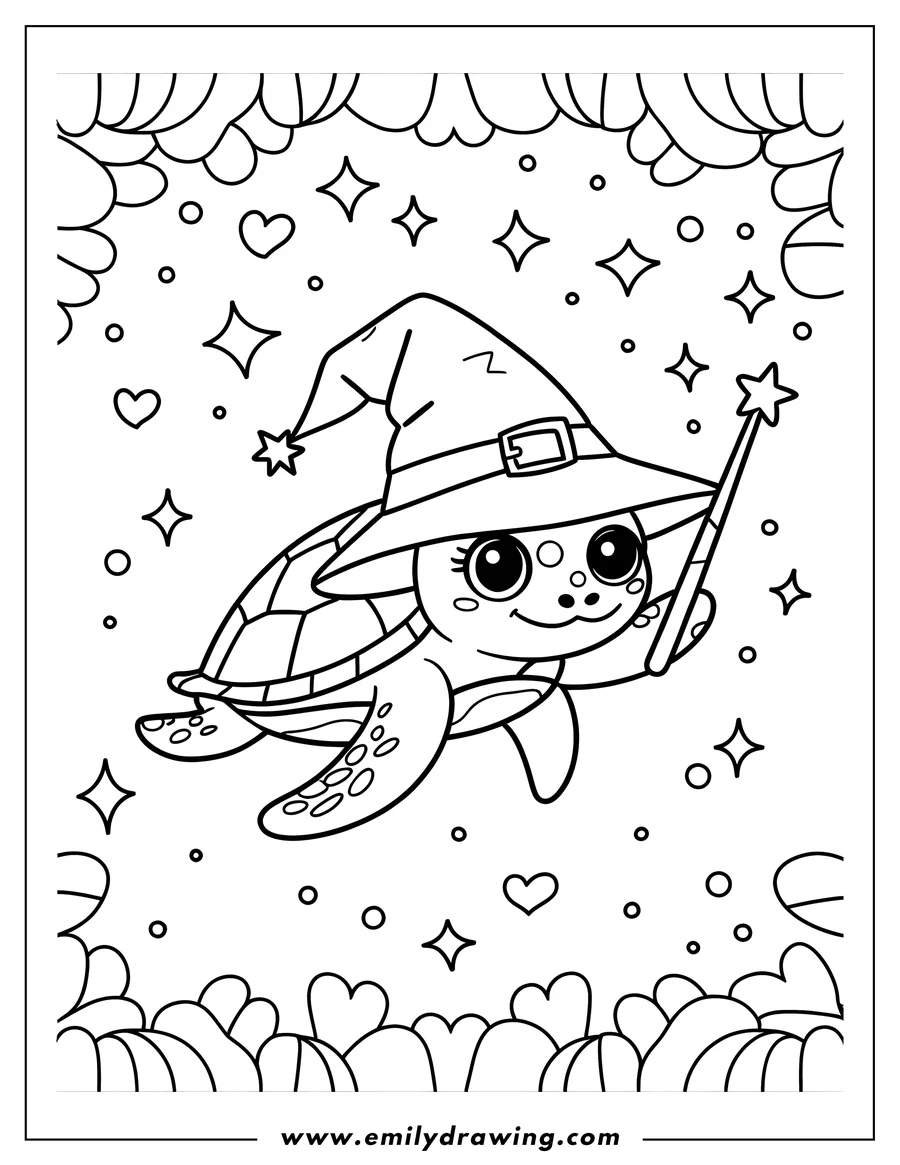 Outline of a turtle wearing a wizard hat and holding a magic wand, surrounded by sparkles and hearts.