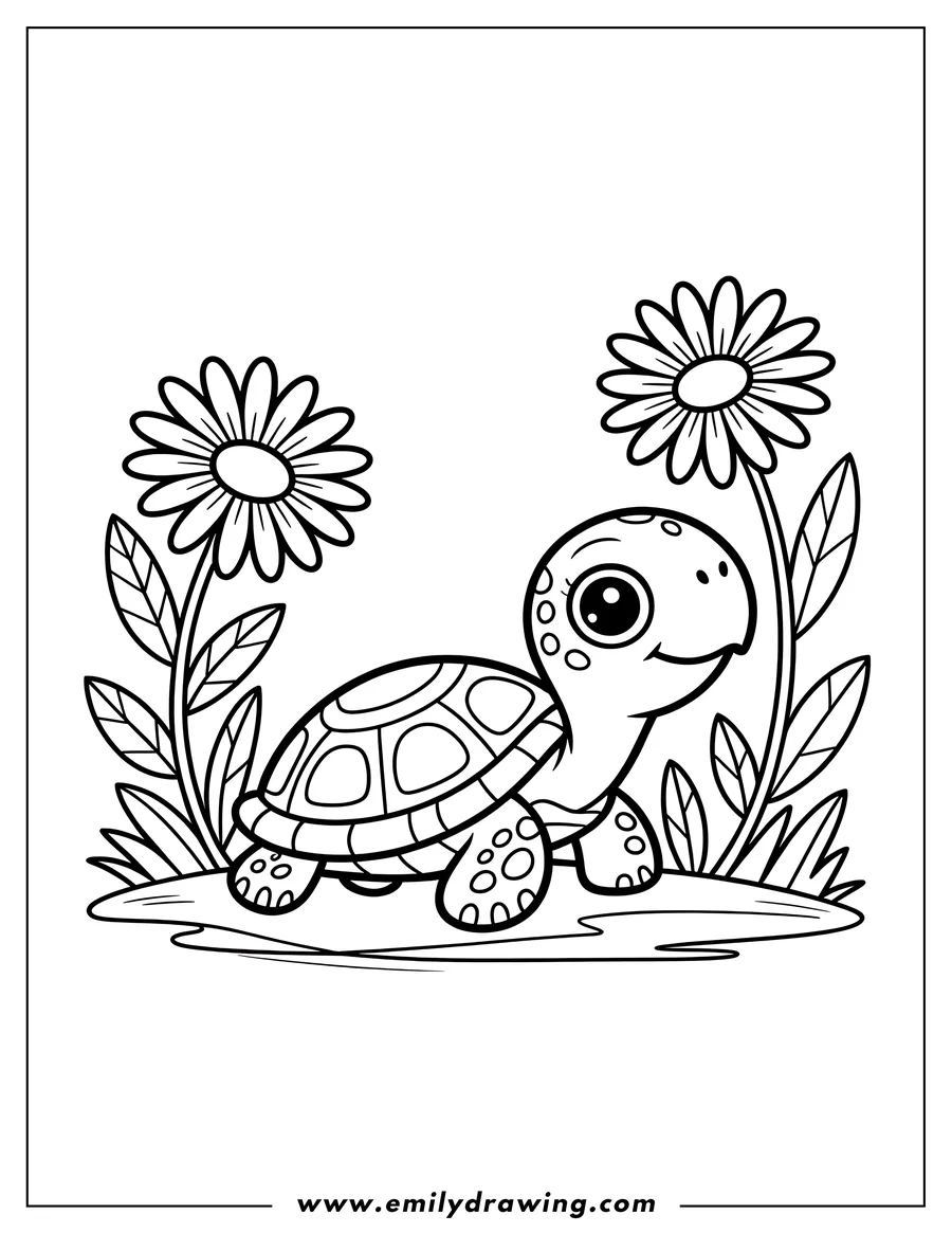 Outline of a turtle walking near flowers and grass.