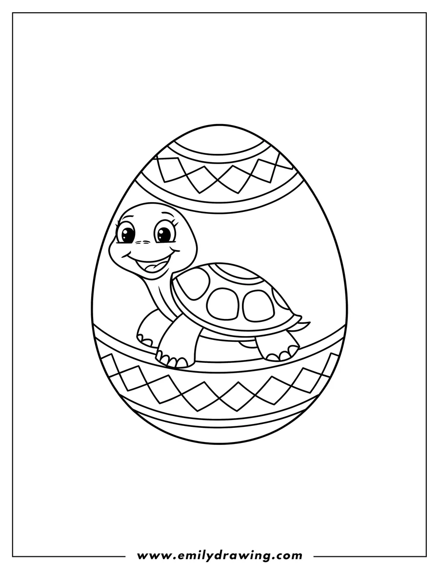 Outline of a turtle sitting on a decorated Easter egg.