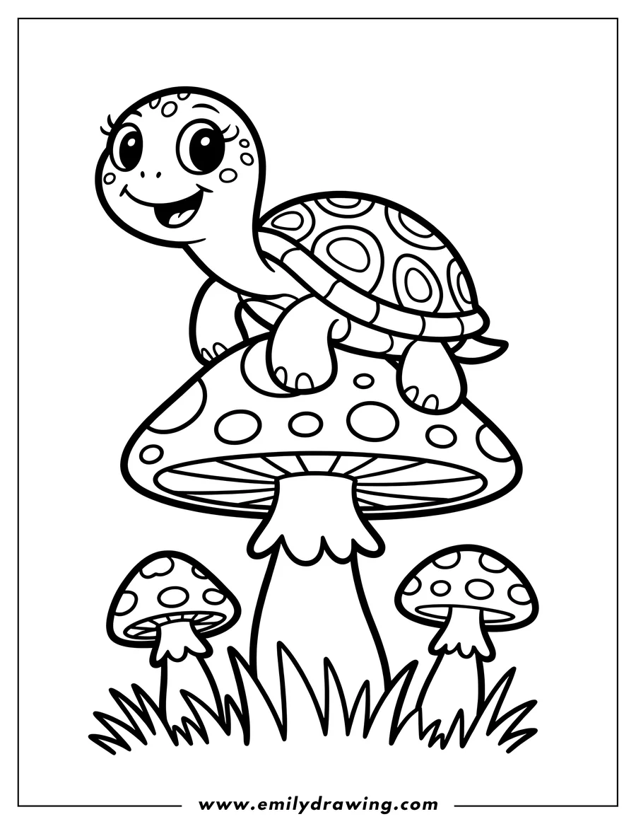 Outline of a cheerful turtle sitting atop a large spotted mushroom, with two smaller mushrooms flanking it in a patch of grass.