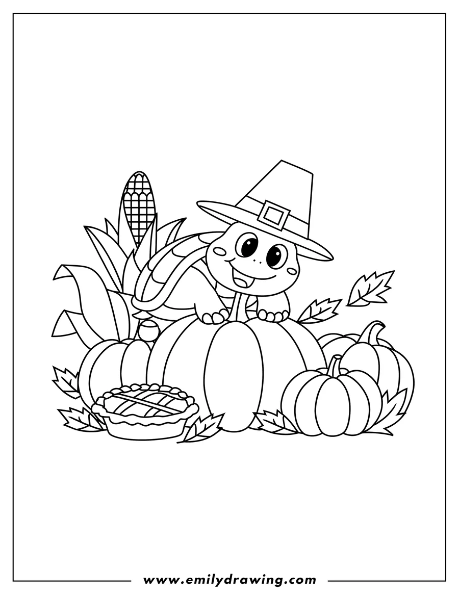 Line art of a turtle wearing a pilgrim hat and sitting on a pumpkin. There are also other Thanksgiving foods like corn and pie.