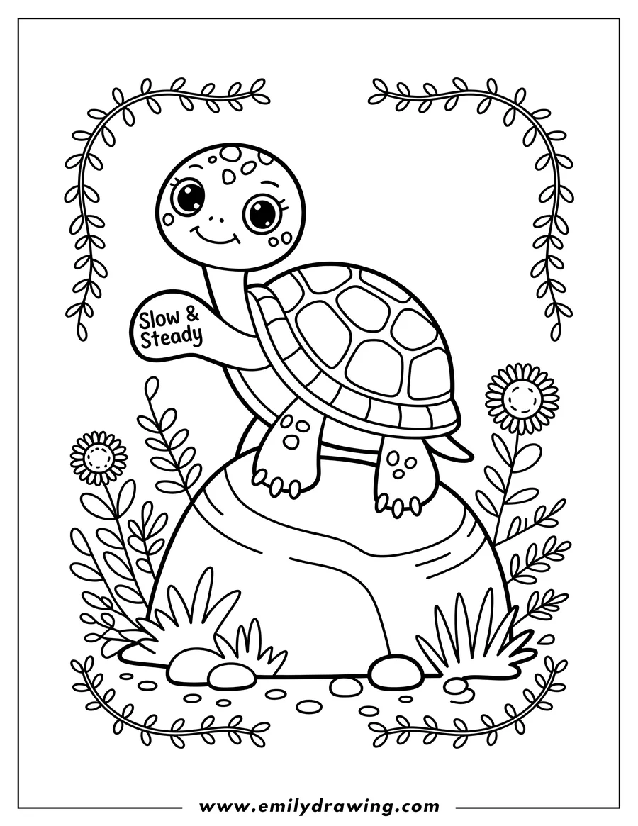 Outline of a turtle standing on a rock, surrounded by small plants and flowers.