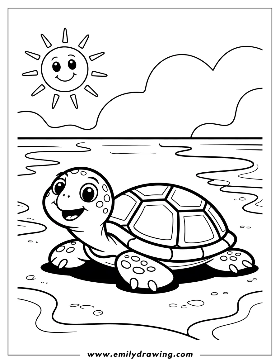 Outline of a cheerful turtle on a sunny beach, near the water's edge.