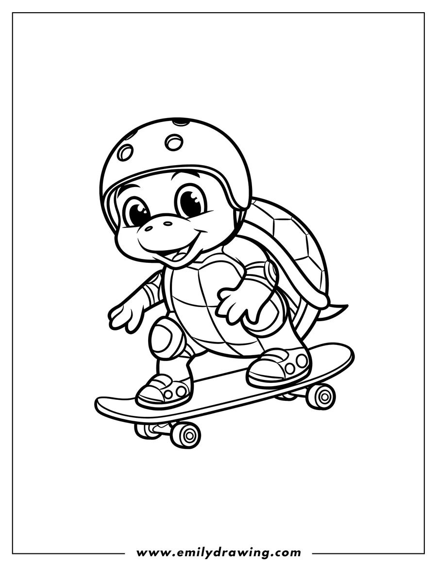 Outline of a turtle wearing a helmet and skateboarding.