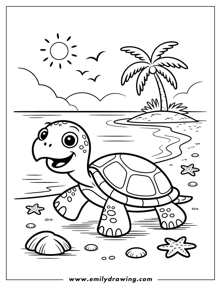 Outline of a cheerful turtle walking on a sandy beach with starfish and seashells, a small island with a palm tree in the background.