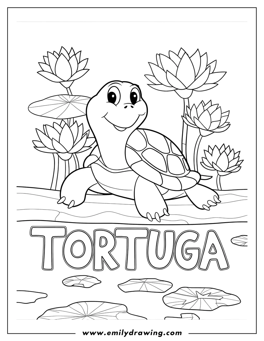 Line art of a cute turtle with large, friendly eyes and detailed feet, positioned among several water lilies and their pads.