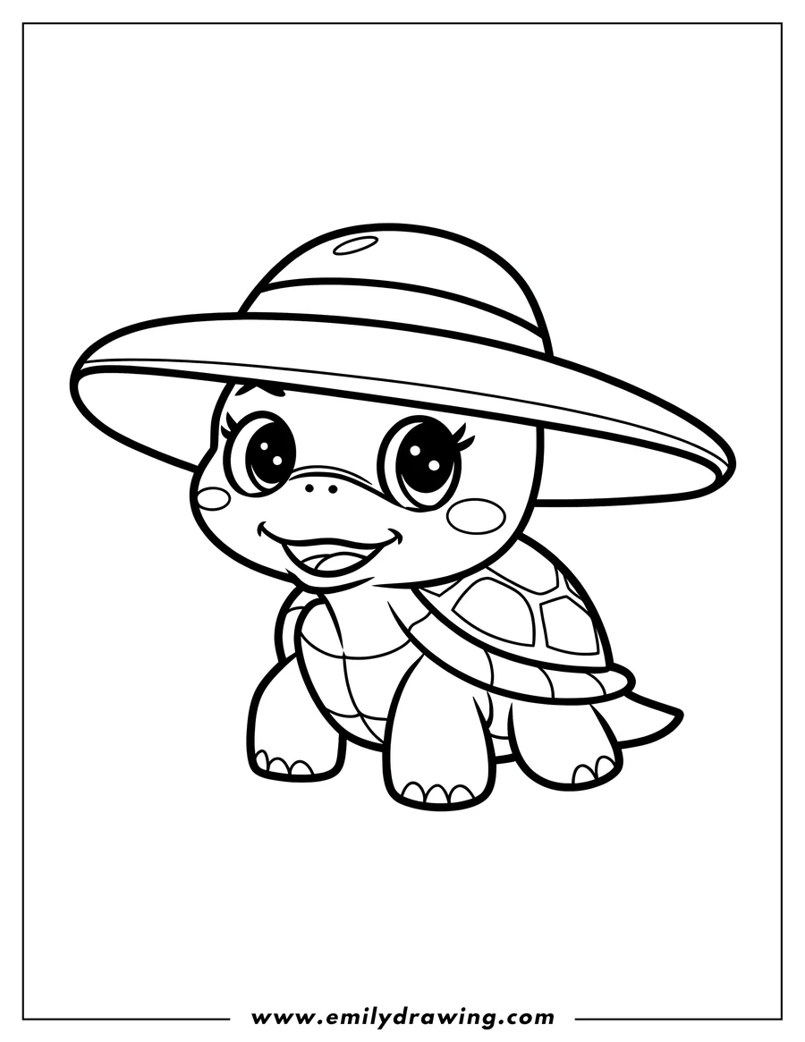 Line art of a turtle wearing a large sun hat. It has big eyes and a cute smile.