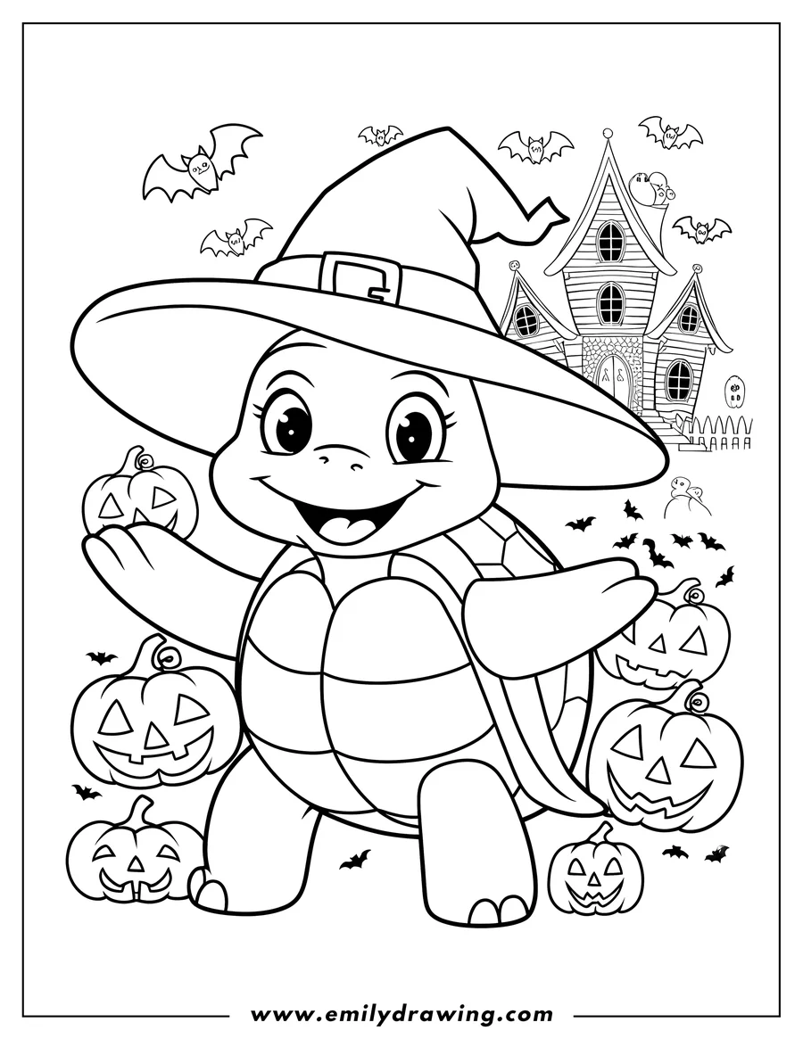 Outline of a turtle wearing a witch hat and surrounded by pumpkins, with a haunted house and bats in the background.